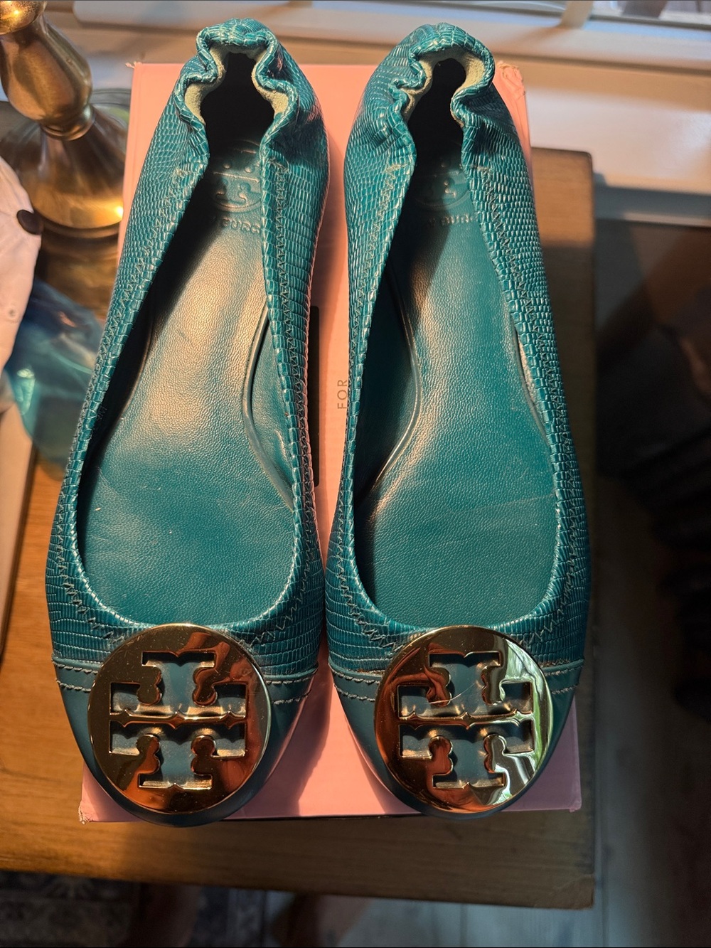 Tory Burch Teal Leather Logo-Embellished Ballet Flats